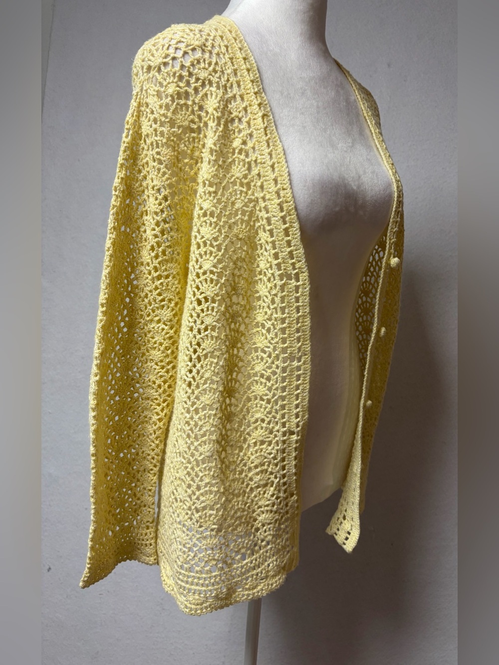 Vintage Handmade Butter Yellow Crochet Cardigan Boho Cottagecore Open Knit